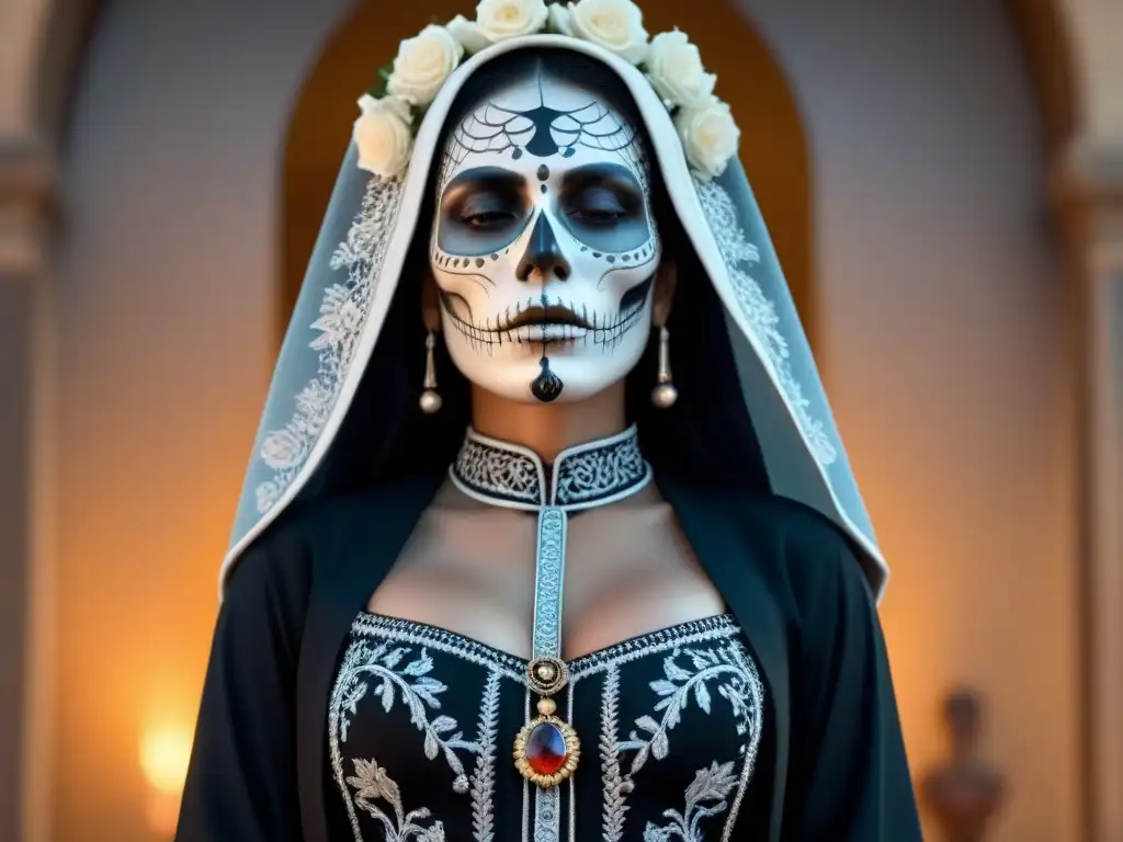 Ilustración detallada en blanco y negro de la Santa Muerte en México, con patrones intrincados y expresión serena