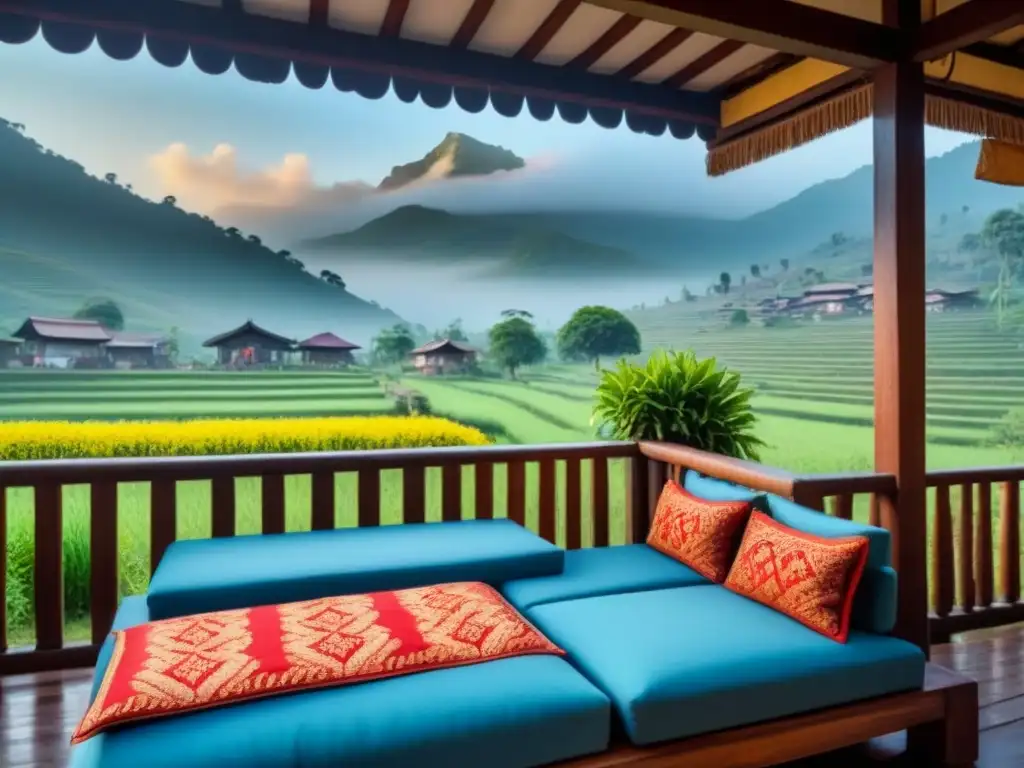 Detallada imagen 8k de acogedora homestay en campo indio, con decoración tradicional y vista a Himalayas