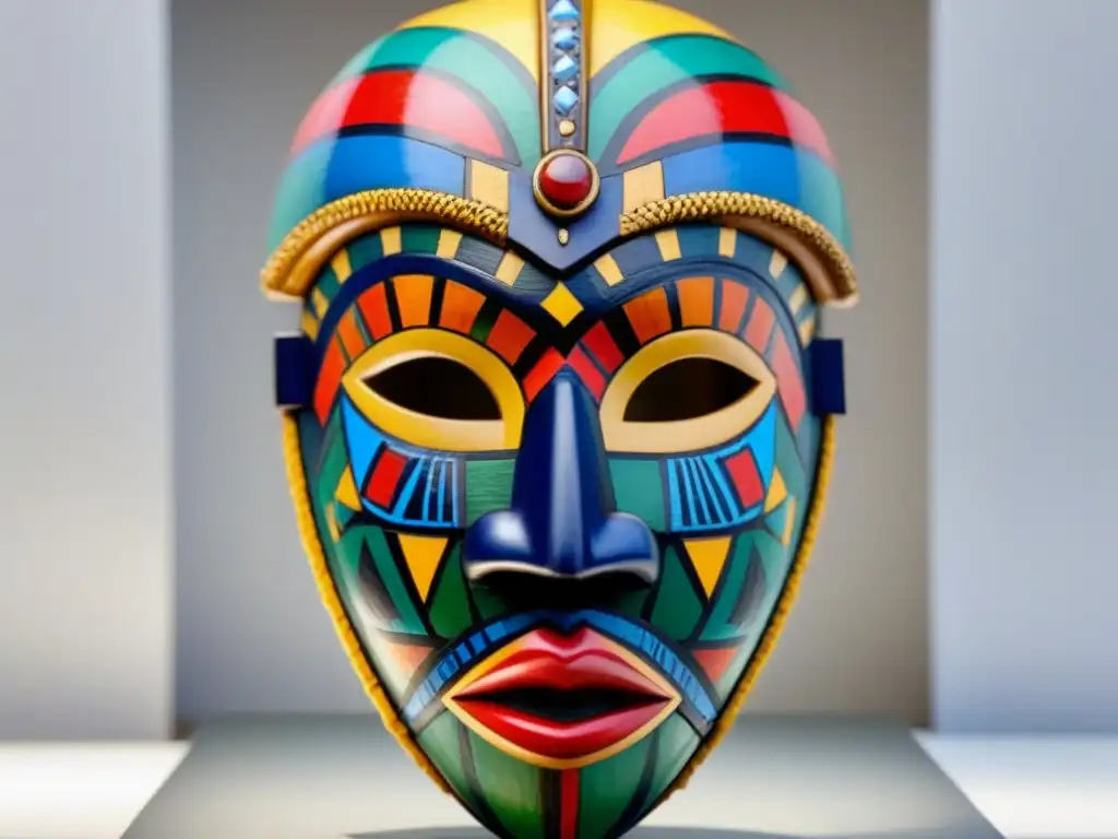 Detallada máscara africana de madera con colores vibrantes y patrones, resaltando su significado cultural e artesanía