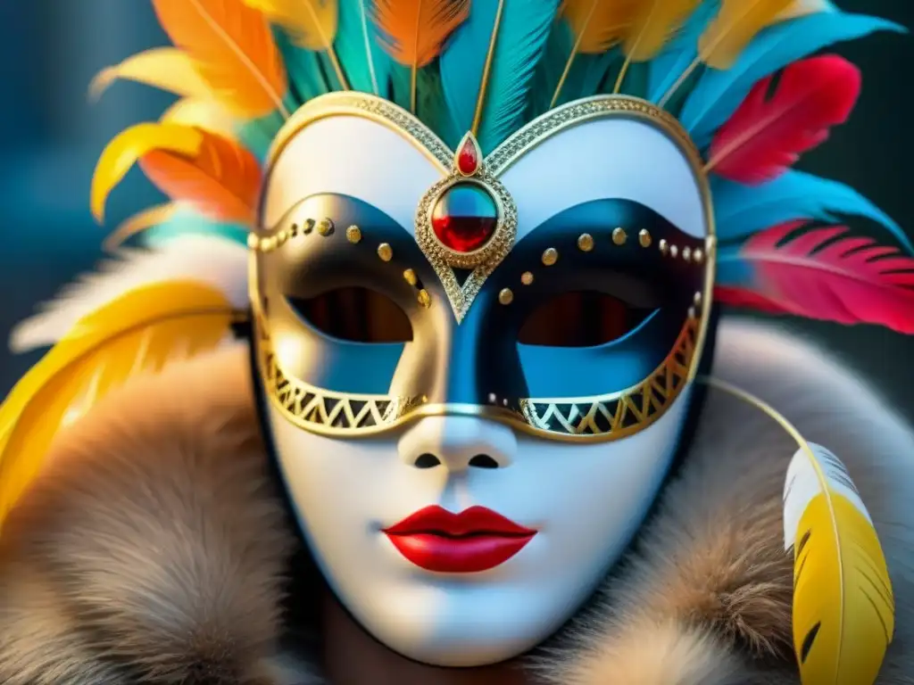 Máscara belga festiva: detalle vibrante y cultural Detallado primer plano de una máscara belga festiva, con patrones vibrantes y elaborados detalles artísticos que simbolizan las ricas expresiones artísticas tradicionales transformadoras de Bélgica