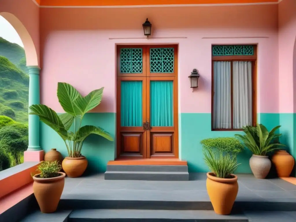 Detalle arquitectónico de homestay tradicional en India con murales coloridos y textiles vibrantes