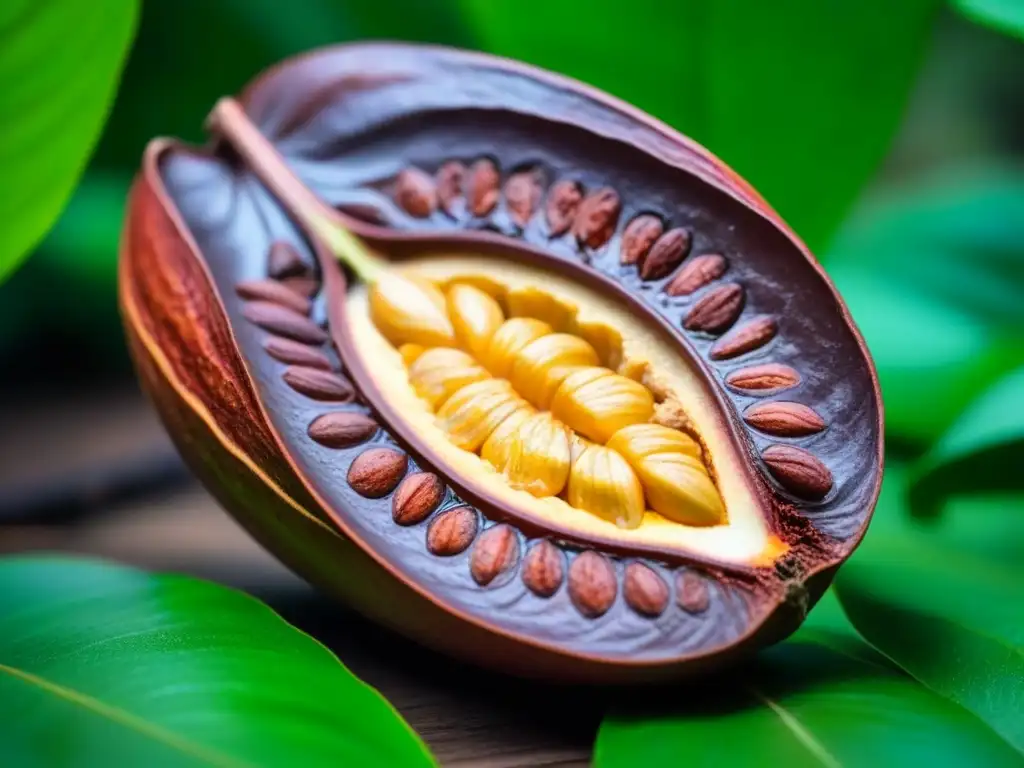 Detalle de un cacao abierto con granos brillantes y hojas verdes