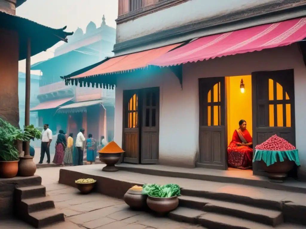 Detalle de homestay cultural en Varanasi con arquitectura detallada, verdor y vendedores locales ofreciendo textiles y especias en la bulliciosa calle