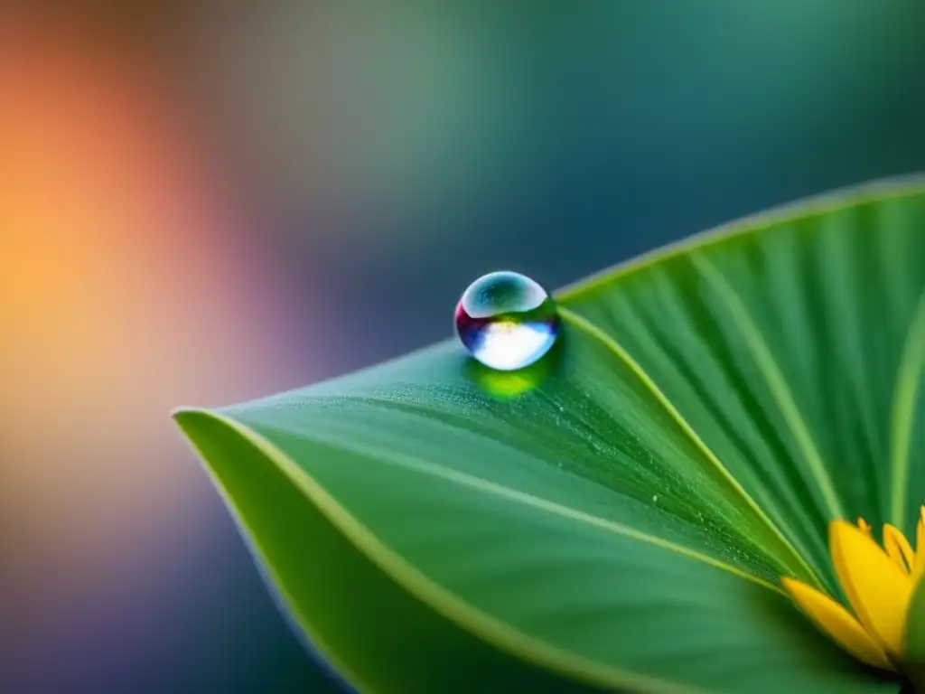 Un detalle especial: una gota de rocío en un pétalo vibrante refleja el mundo con claridad cristalina