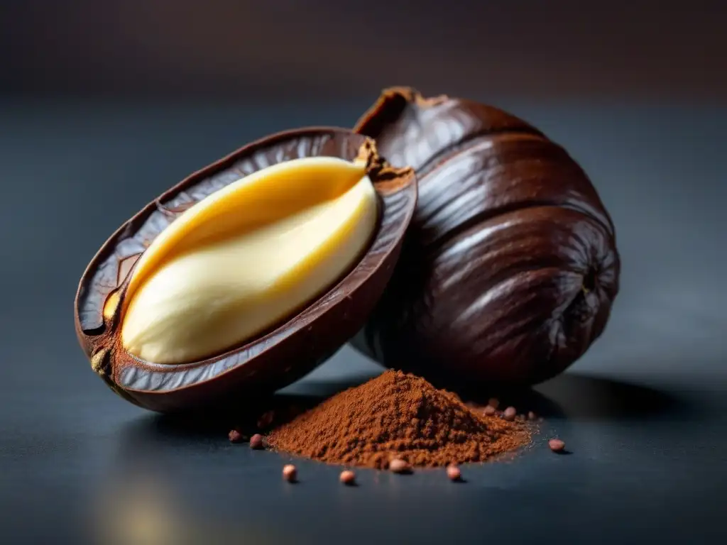 Detalle fascinante de un cacao partido, revelando su estructura interna y color marrón profundo