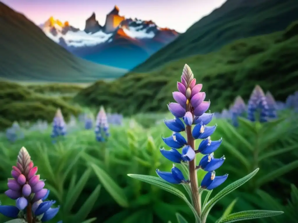 Detalle de una flor lúpulo patagónica morada en un paisaje único de montañas nevadas y vegetación exuberante