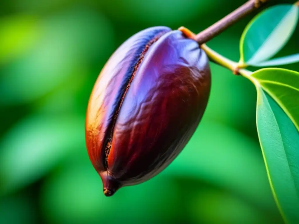 Detalle de un grano de cacao en rama, resaltando texturas y colores, parte del proceso elaboración chocolate Latinoamérica