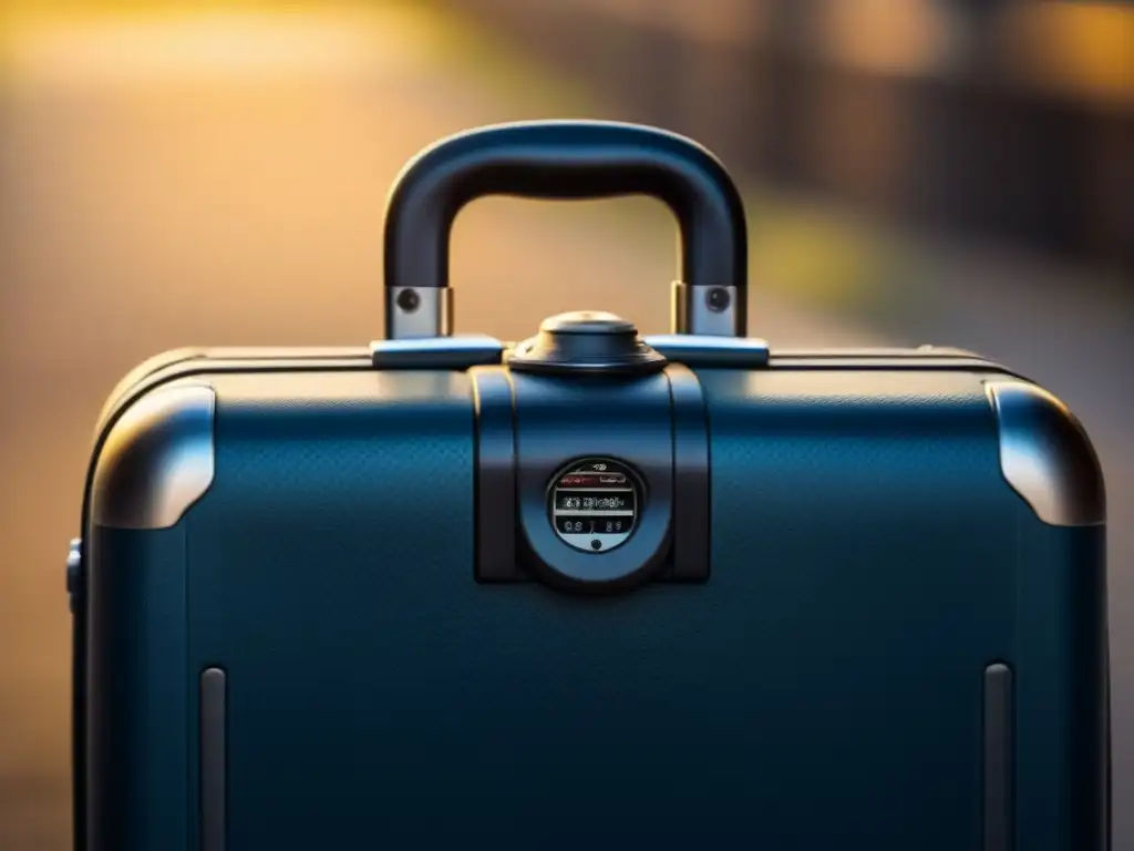 Detalle impresionante de candado en maleta negra, reflejando seguridad y protección para equipaje inmersión cultural