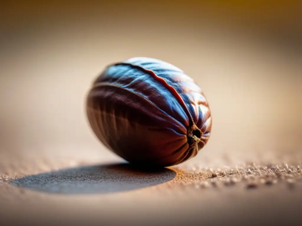 Detalle impresionante de un grano de cacao, mostrando su textura rica bajo luz suave