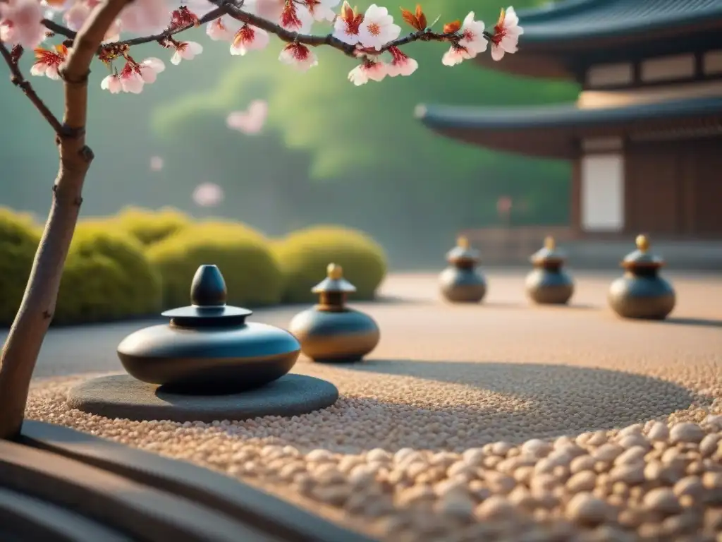 Detalle de jardín zen japonés con árboles bonsái, farol de piedra y luz solar