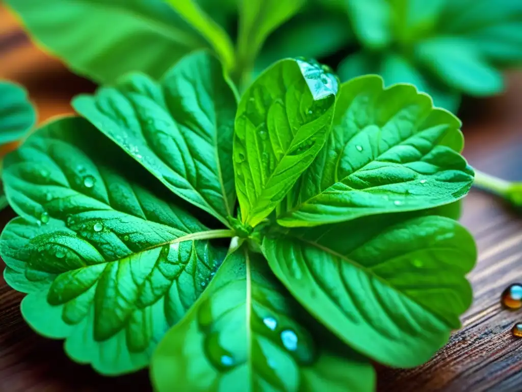 Herbología: Detalles frescos y vibrantes de albahaca, cilantro y menta Detalle vibrante de hierbas recién cortadas como albahaca, cilantro y menta con gotas de agua, jugando con luz y sombra