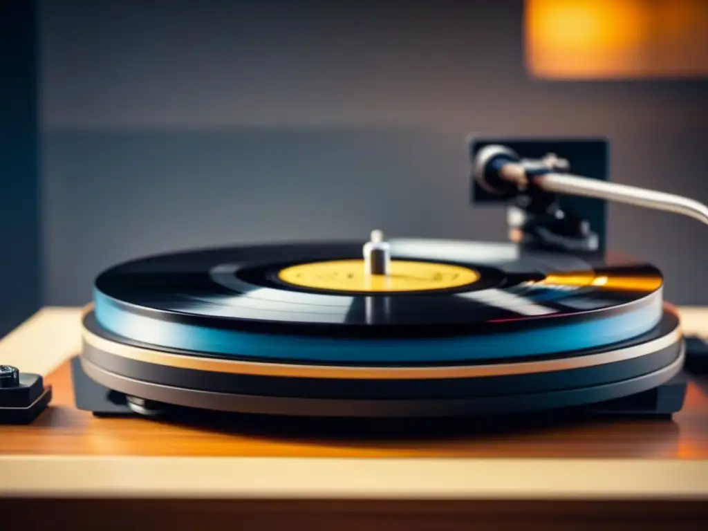 Detalle de un vinilo antiguo girando en un tocadiscos moderno, fusionando lo clásico y lo contemporáneo