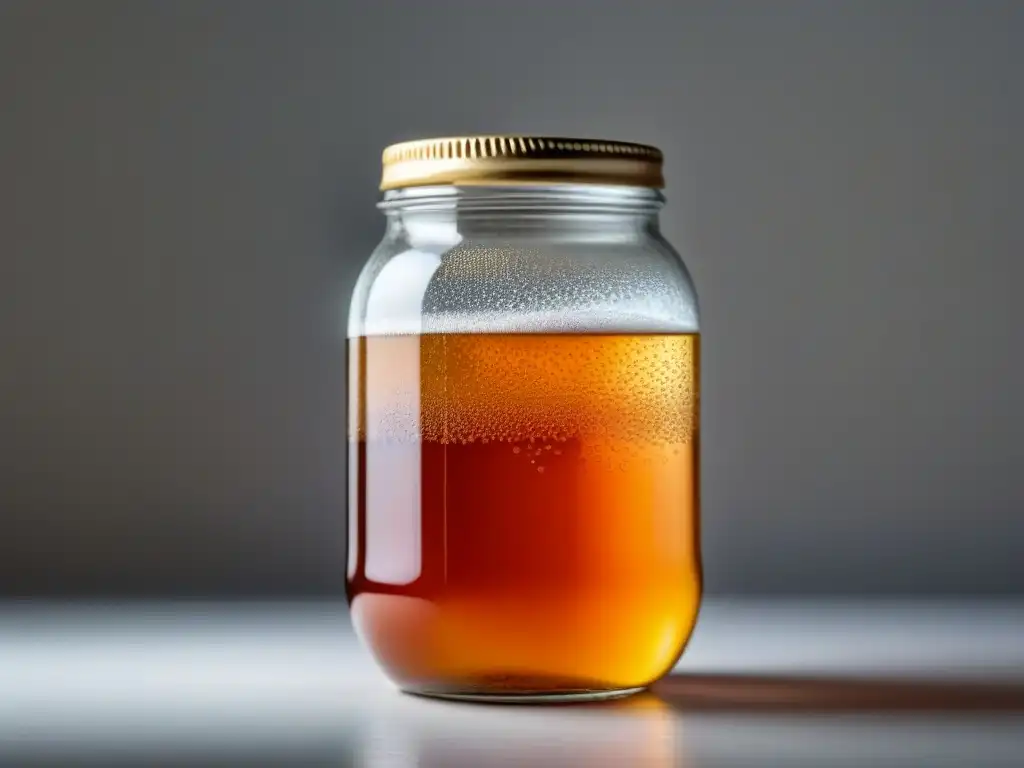 Detalles burbujeantes de té kombucha en frasco de vidrio, con beneficios y recetas de bebidas fermentadas