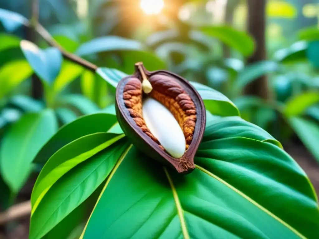 Detalles de cacao y pulpa rodeados de árboles en una plantación latinoamericana