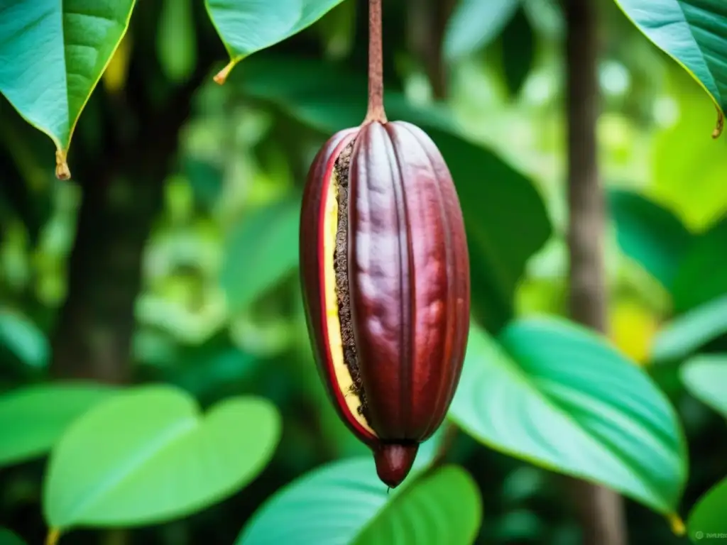 Detalles coloridos de un cacao maduro en plantación de Latinoamérica