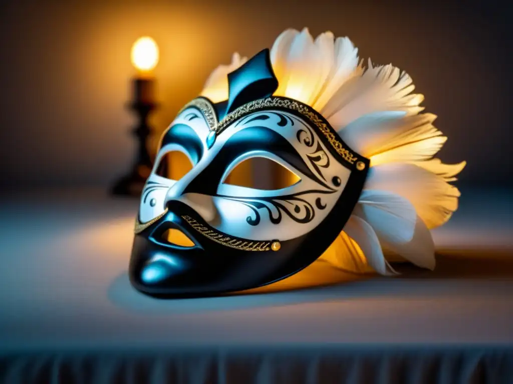 Máscara veneciana: detalle y misterio en blanco y negro Detalles misteriosos de una máscara veneciana en blanco y negro, con sombras suaves y una atmósfera cautivadora