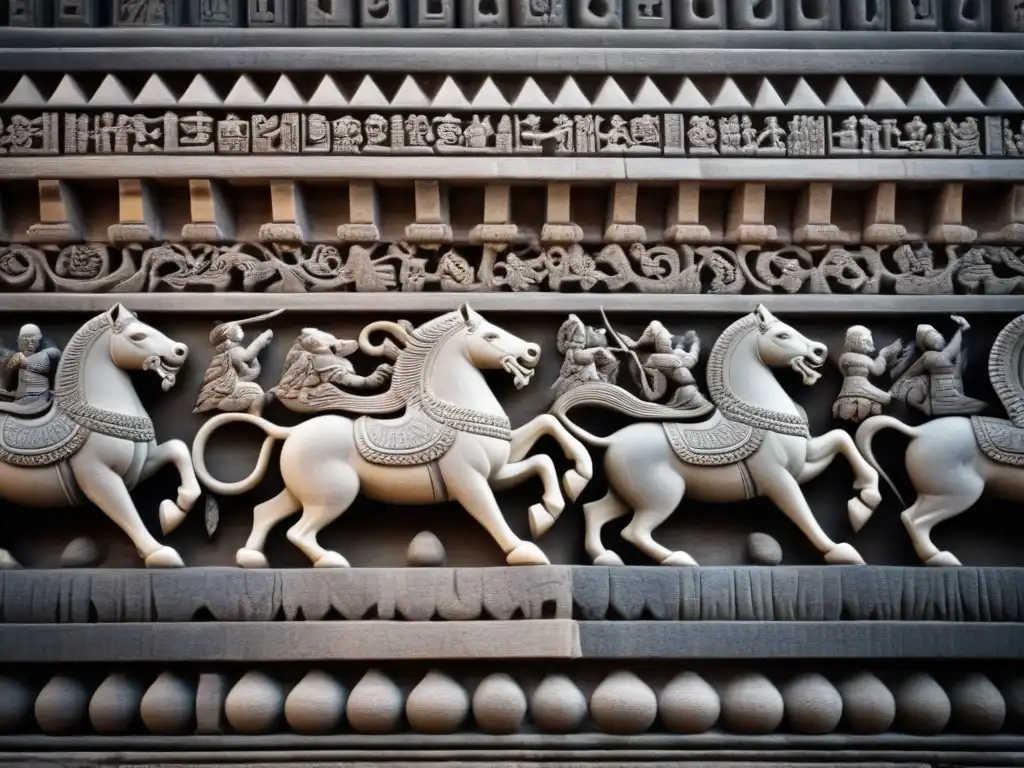 Detalles en piedra de una antigua ciudad, con criaturas míticas y motivos simbólicos