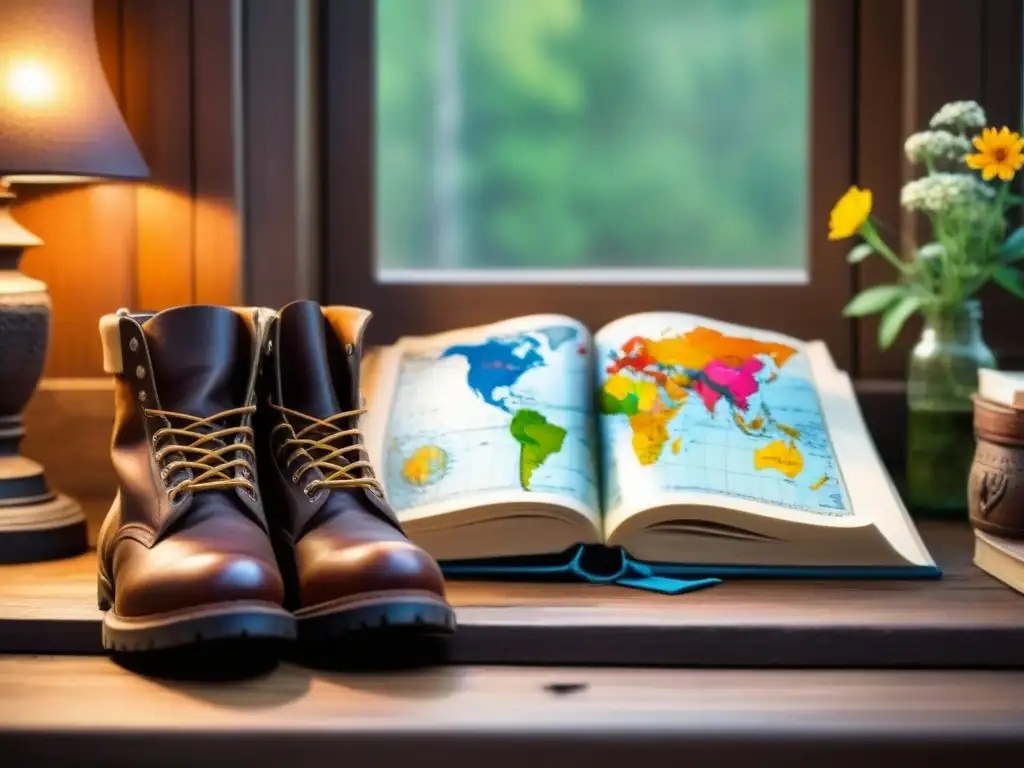 Un diario de viajero detallado en un escritorio de madera con mapas, monedas extranjeras y sellos de países