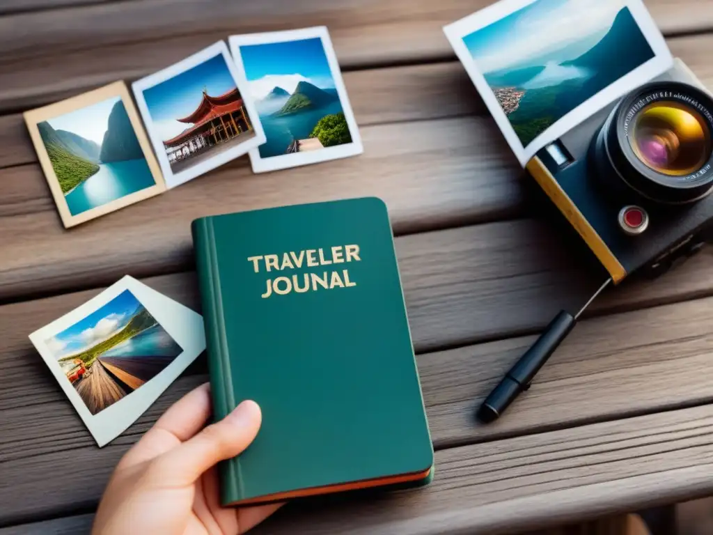 Diario de viaje: Experiencias culturales auténticas alrededor del mundo Un diario de viajero rodeado de fotos Polaroid de experiencias culturales auténticas, ideal para vlogging de viajes auténticos YouTube