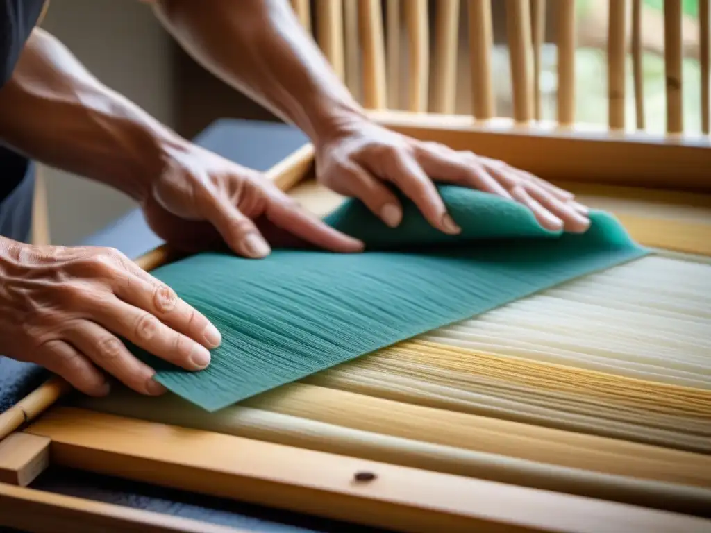 Artesano creando washi japonés: belleza en papel Las diestras manos de un artesano sumergen con delicadeza una pantalla de bambú en pulpa de papel, creando papel washi japonés artesanal