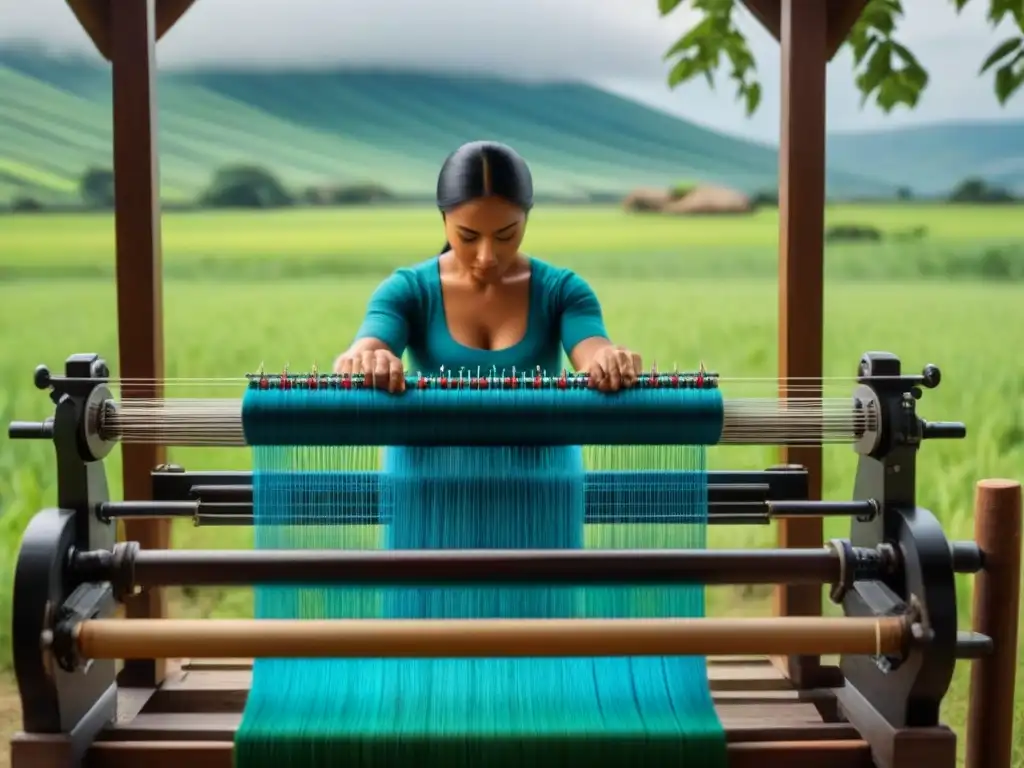 Diseñadores locales unen culturas moda: Artista tejiendo en telar con hilos vibrantes y paisaje campestre sereno