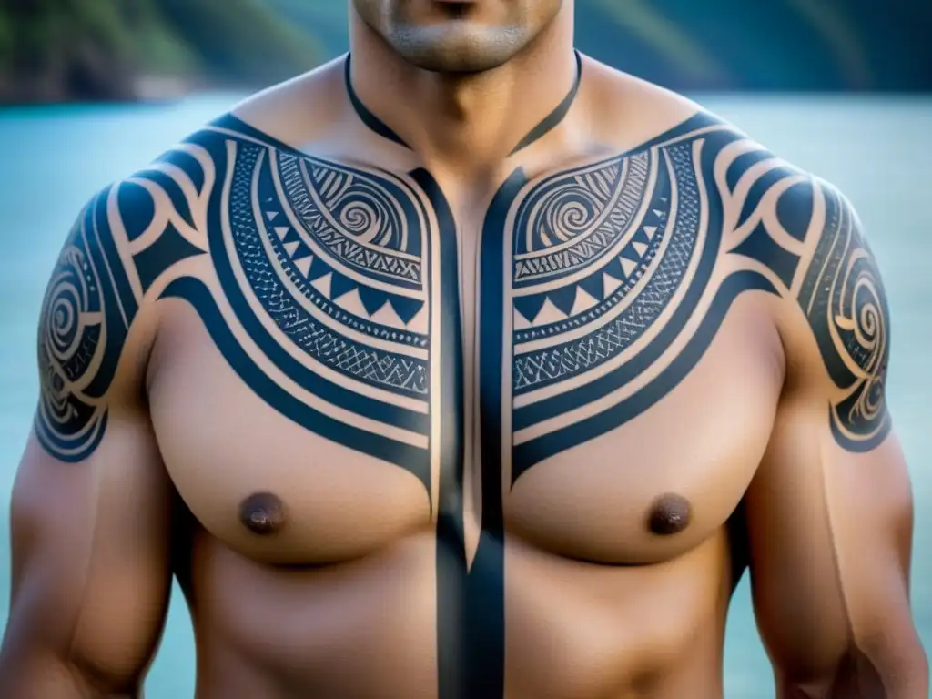 Un diseño de tatuaje tribal maorí detallado, con intrincados patrones que simbolizan fuerza y coraje