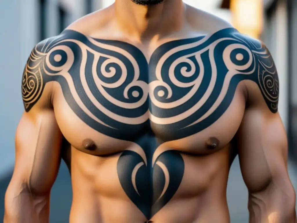 Un diseño de tatuaje tribal negro con patrones enredados y formas simbólicas, fusionando culturas y significados ancestrales