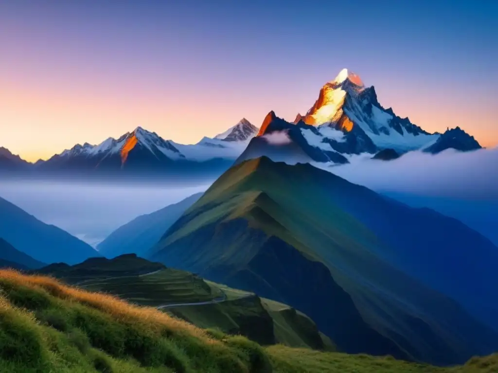 Diversidad climática en Sudamérica: Amanecer en los majestuosos Andes, con picos nevados y un cielo de colores indigo y naranja