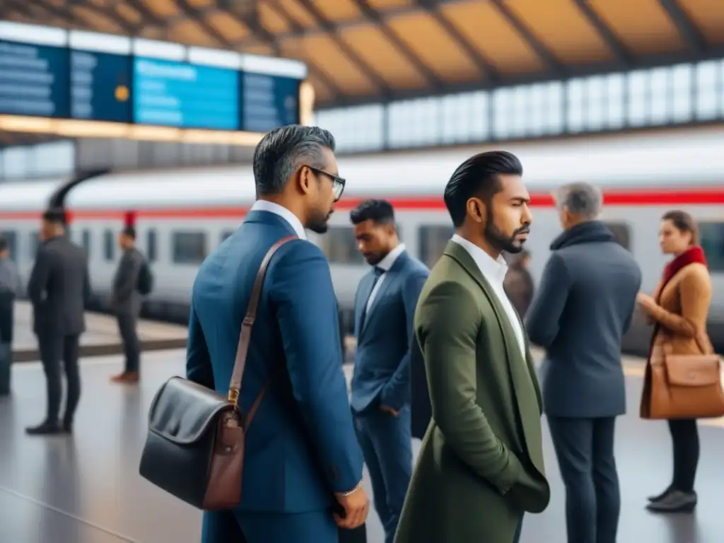 Diversidad cultural en estación de tren, expresando percepciones de puntualidad