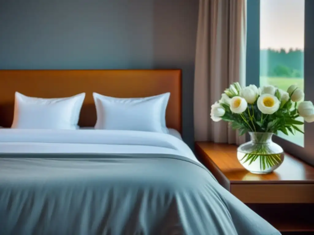 Ambiente sereno y acogedor de dormitorio en homestay Un dormitorio acogedor de homestay, con cama hecha, flores frescas y luz matutina