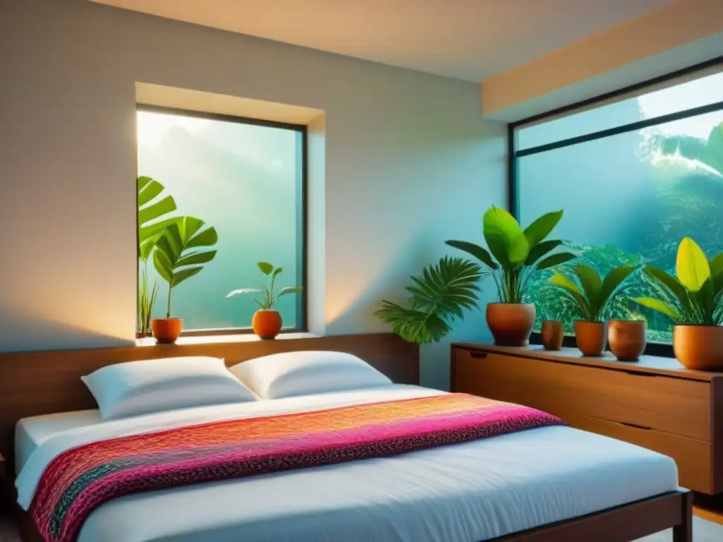 Acogedora habitación minimalista en casa de huéspedes en Latinoamérica Preparación para homestay en América Latina: Dormitorio minimalista con textiles tradicionales y vista a jardín tropical