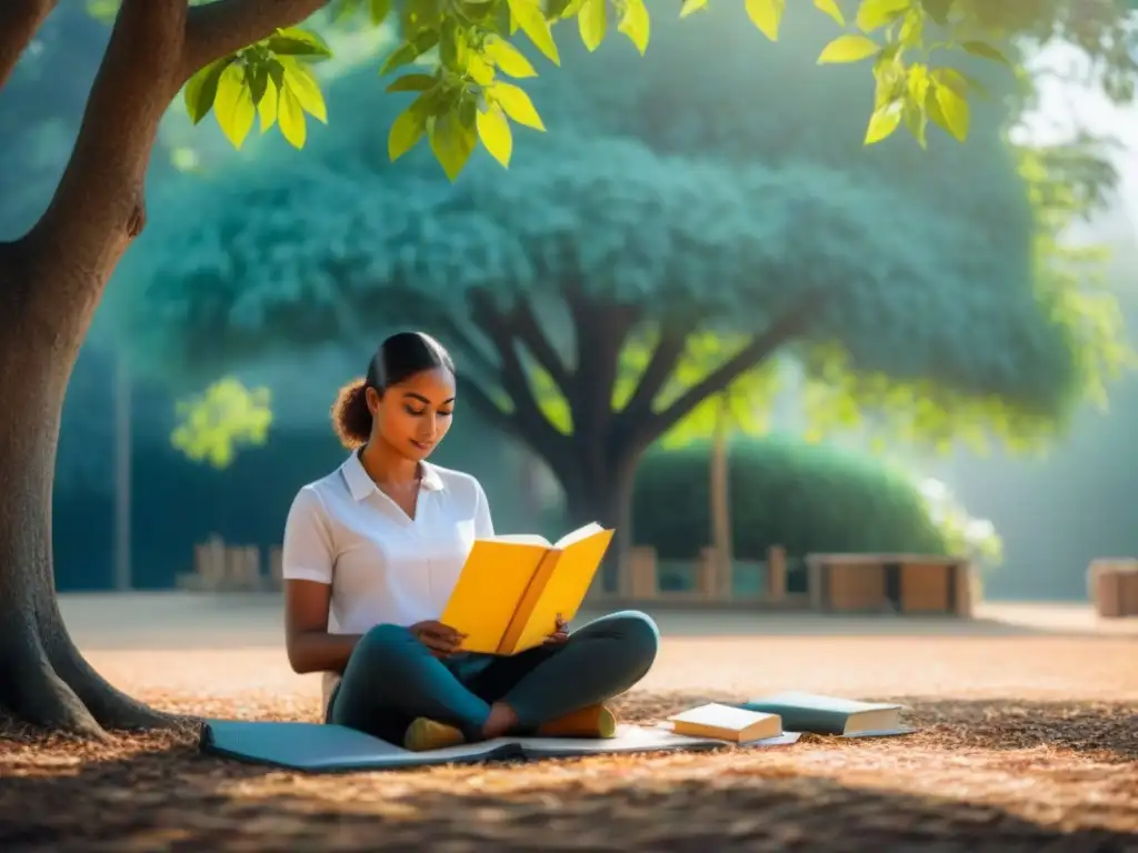 Inmersión educativa de jóvenes bajo un árbol, rodeados de libros y notas, reflejando el impacto de homestays