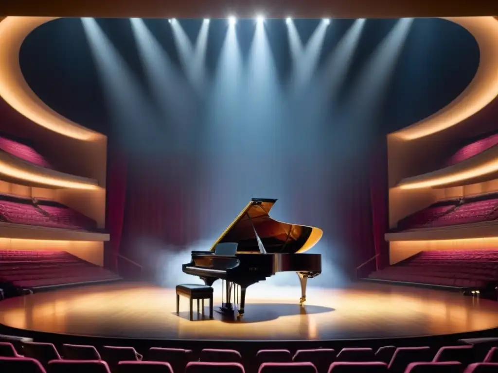 Un elegante auditorio italiano con un piano de cola bajo un foco en el escenario central, rodeado de asientos vacíos iluminados suavemente