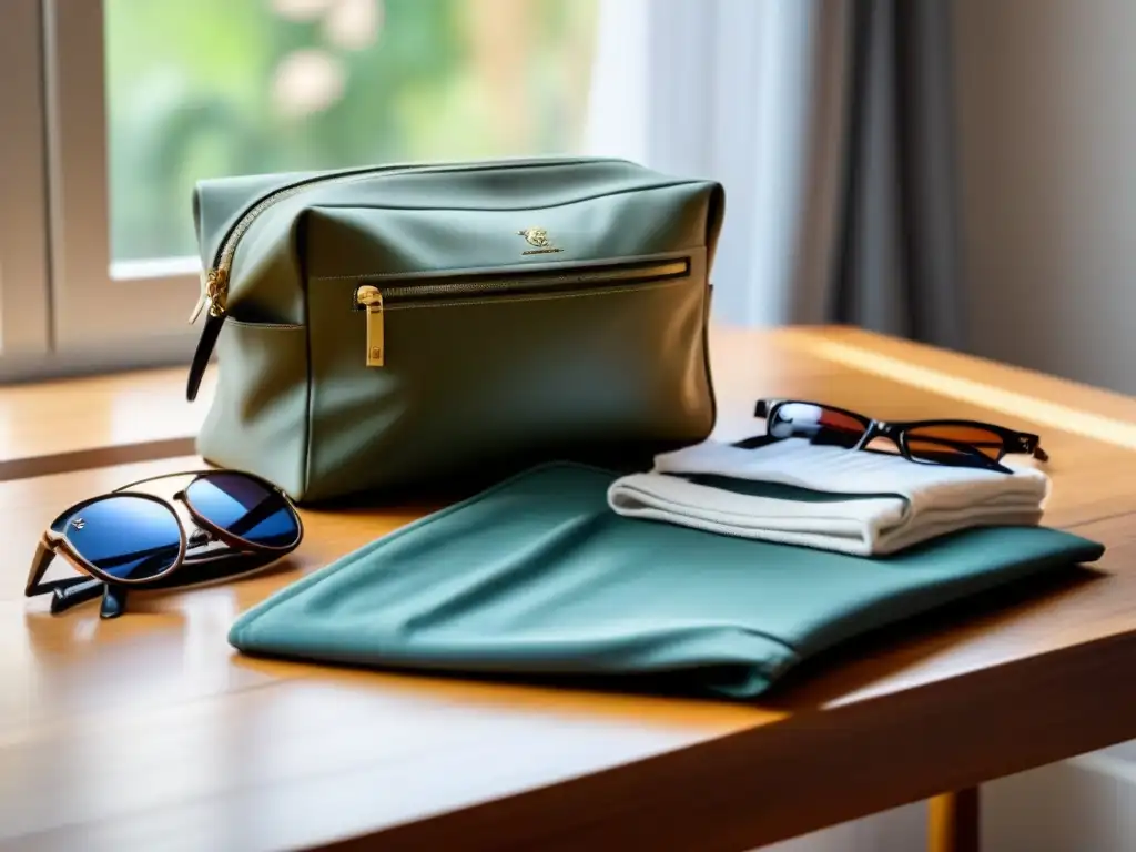 Un elegante bolso de viaje organizado en una mesa de madera, con ropa doblada, pasaporte y plantita, iluminados por luz natural