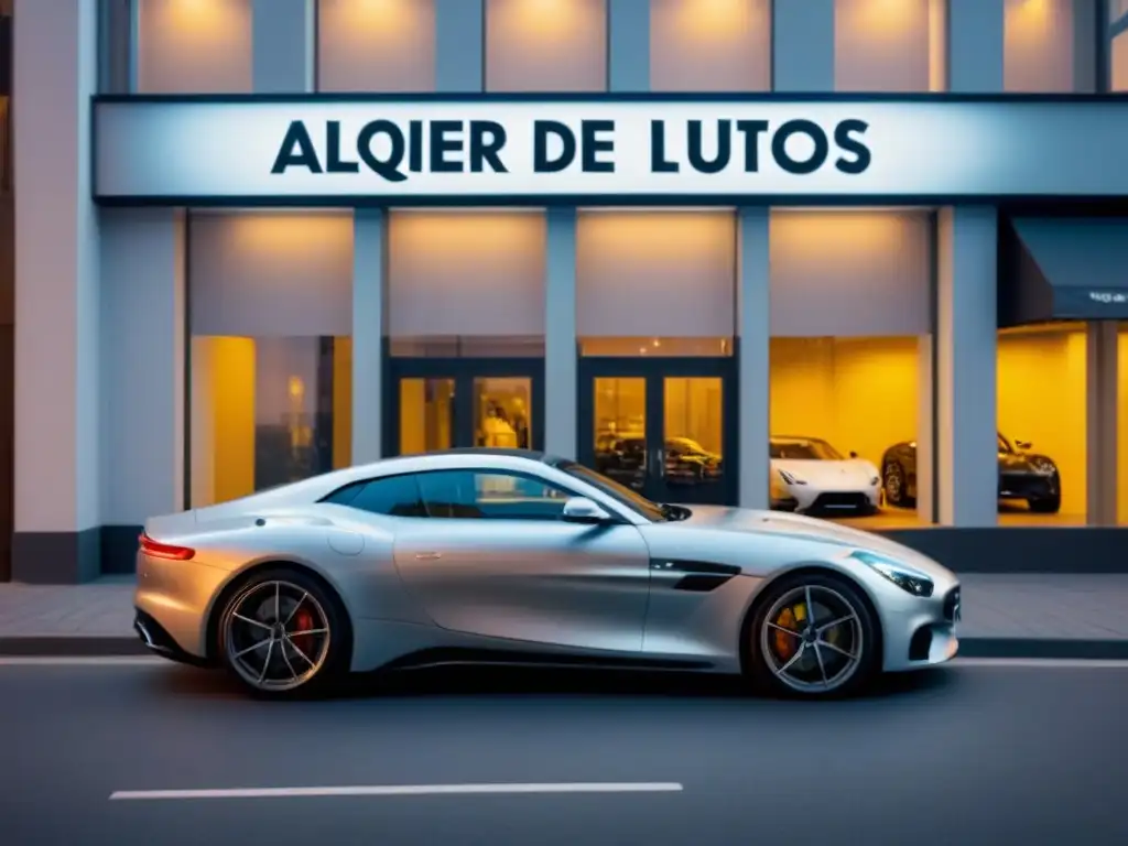 Elegante fachada de alquiler de autos de lujo con vista a la ciudad al anochecer