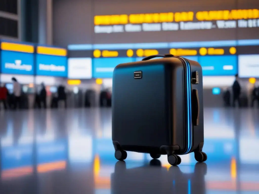 Un elegante maletín negro con luces LED futuristas, en un bullicioso aeropuerto