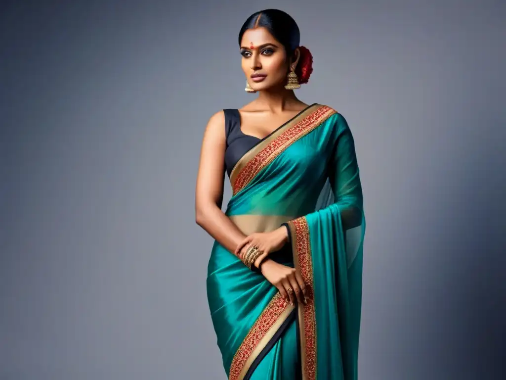 Elegante mujer india en sari vibrante fusionando tradición y moda