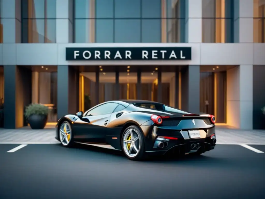 Una elegante Ferrari negra brillante estacionada frente a un lujoso hotel moderno