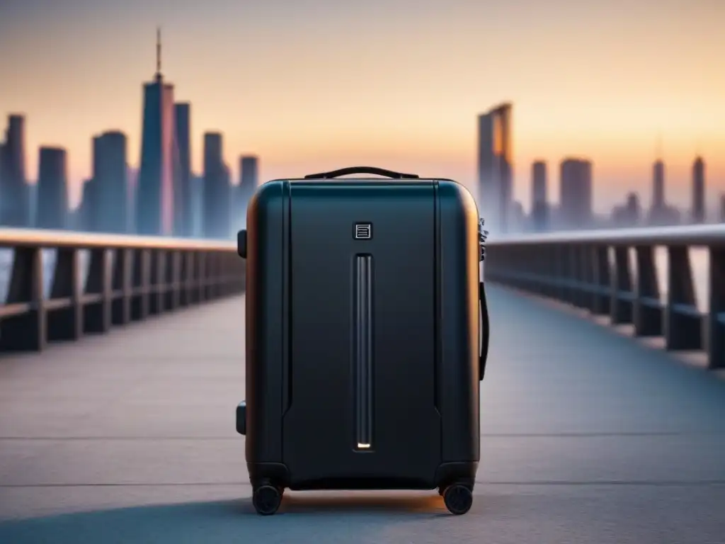 Maleta inteligente de alta tecnología en ciudad moderna al atardecer Un elegante set de equipaje inteligente con tecnología de rastreo GPS, báscula digital y puertos de carga USB, en un entorno urbano al anochecer
