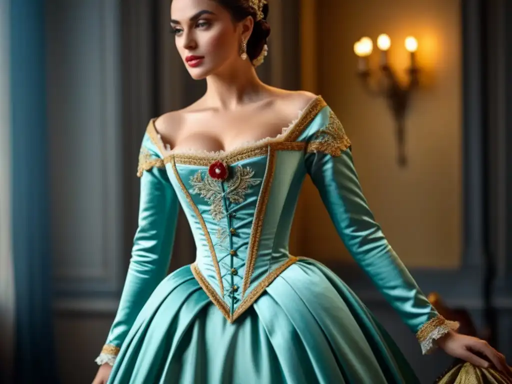 Elegante vestido de baile italiano del siglo XVIII, con detalles de encaje y bordados, destacando la moda italiana a lo largo de la historia