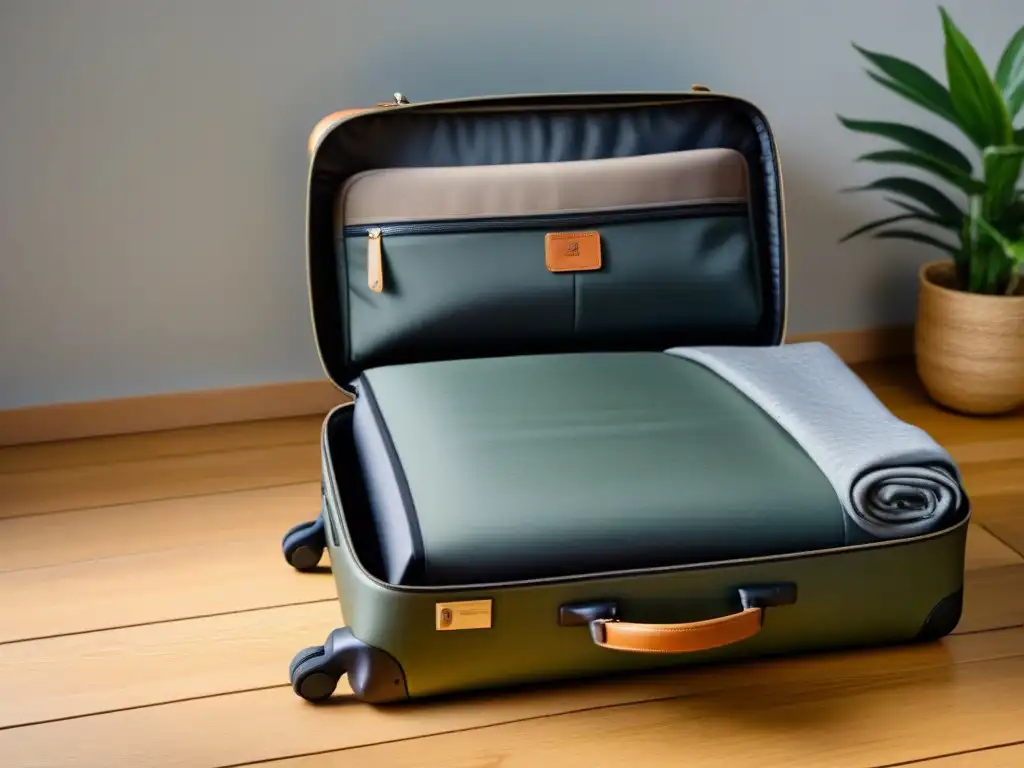 Empaque sostenible para viajes culturales: Maleta moderna abierta con ropa doblada en tonos tierra, en ambiente minimalista y tranquilo
