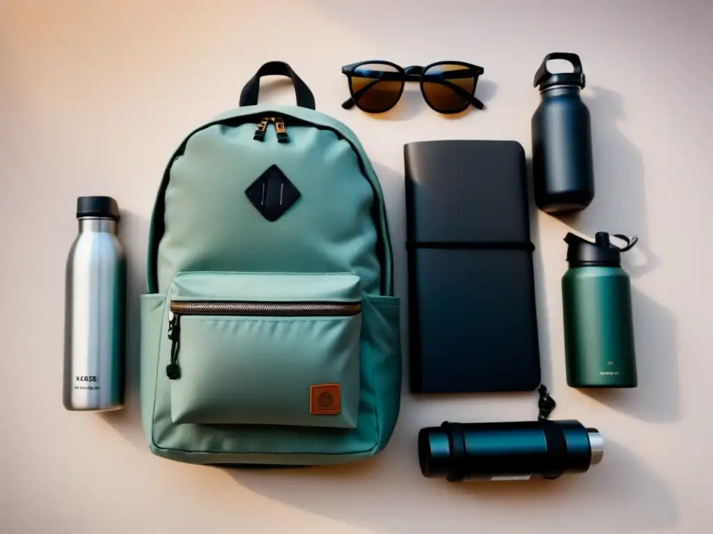 Empaque sostenible para viajes culturales: Mochila ordenada con objetos esenciales y fondo neutro
