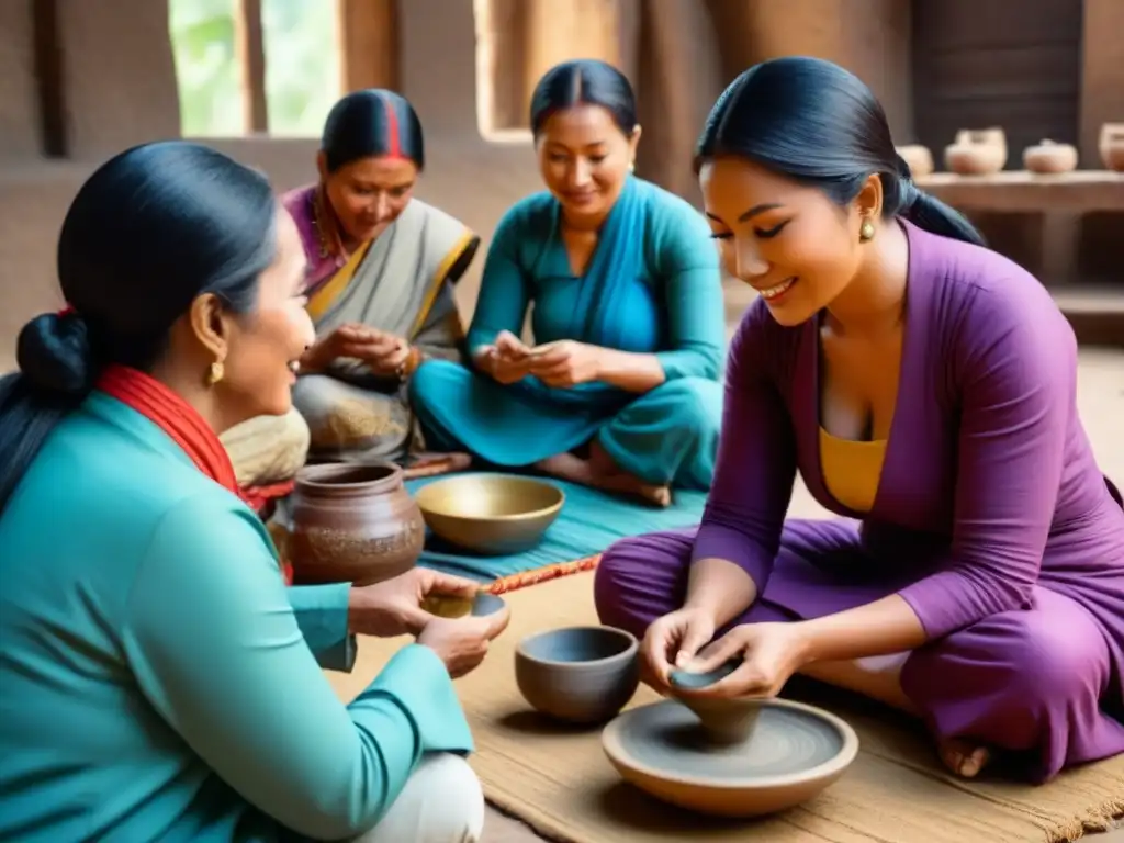 Intercambio cultural: Viajeros aprendiendo alfarería con artesanos locales Un encuentro auténtico de turismo global: viajeros aprendiendo técnicas de alfarería con artesanos locales, rodeados de colores y creatividad