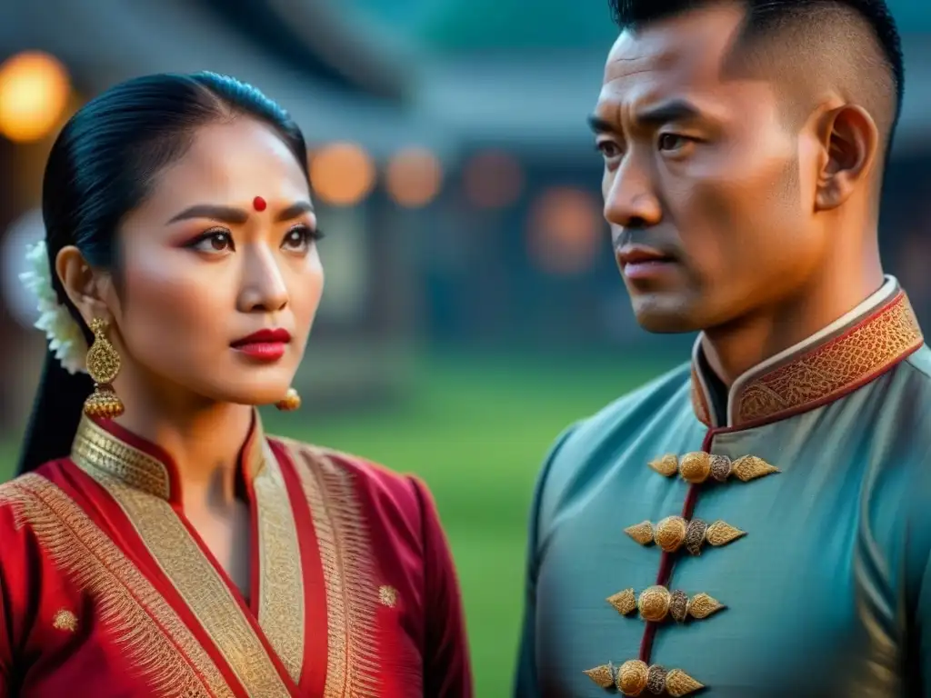 Encuentro cultural: Miradas asiáticas en 8k Un encuentro de miradas entre dos individuos de diferentes culturas asiáticas, con patrones étnicos en su vestimenta y alrededores