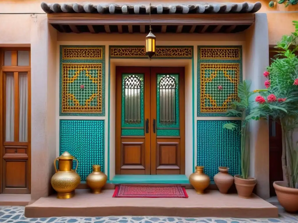 Entrada detallada de homestay en Medio Oriente con mosaicos vibrantes y puerta de madera decorada, rodeada de un patio exuberante