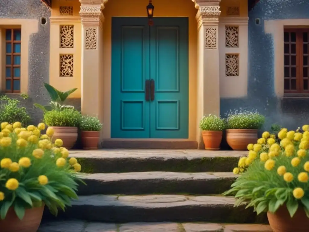 Entrada de homestay tradicional en India, con diseños florales y tallados, invitando a sumergirse en una experiencia cultural