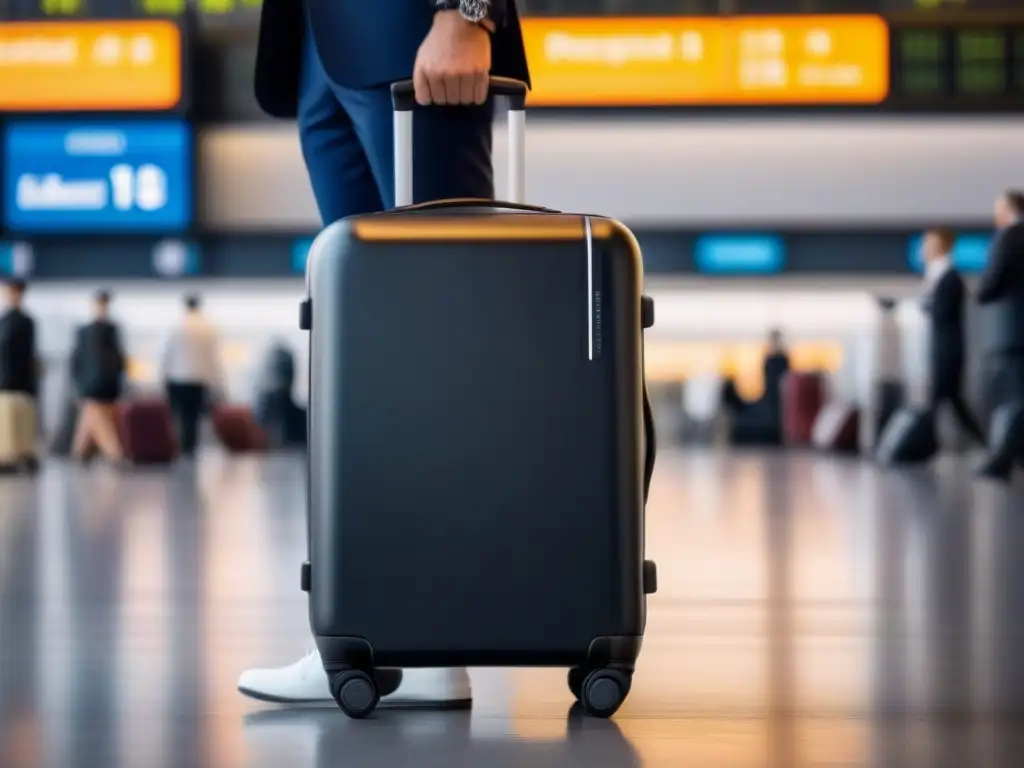 Equipaje de alta tecnología para viajes: maleta inteligente en aeropuerto moderno, con GPS, cerradura biométrica y báscula digital