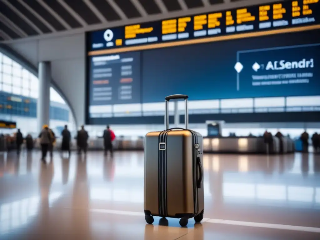 Equipaje inteligente de alta tecnología en aeropuerto multicultural Un equipaje inteligente de alta tecnología en un bullicioso aeropuerto