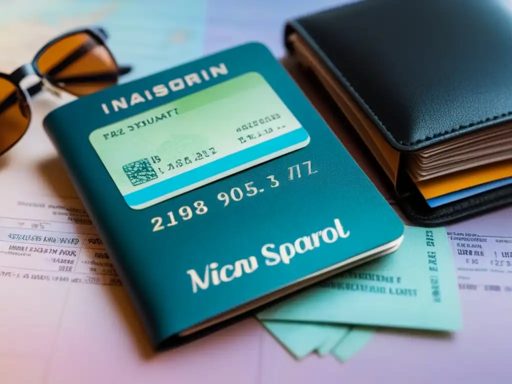 Evita errores financieros al viajar: ilustración minimalista de una cartera de viajero con boleto de avión, pasaporte y mapa, organizados y tranquilos