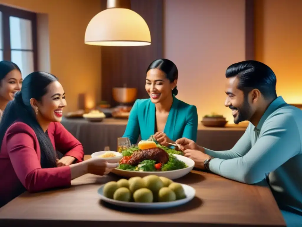 Encuentro multicultural en casa: diversidad, amistad y comida Una escena acogedora de personas de diferentes culturas compartiendo una comida en un homestay, creando lazos